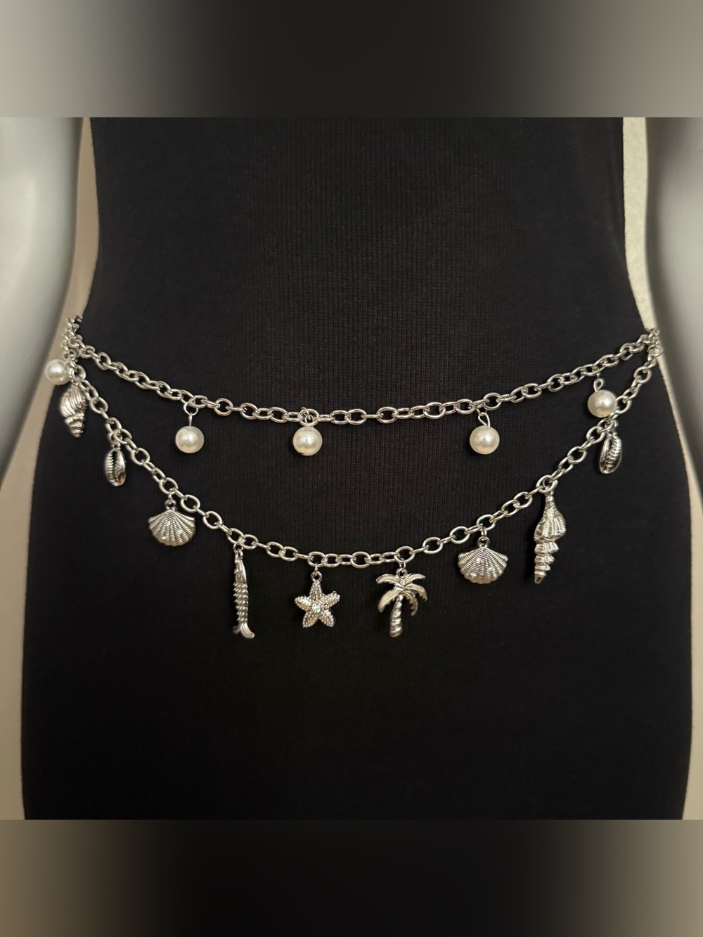 Silver tone layered ocean themed charms chain belt